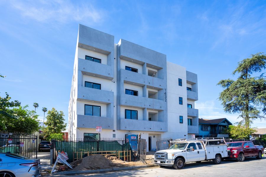 Aerial drone photo of 1432 E 25th St, 55-unit new construction apartment building near Downtown Los Angeles