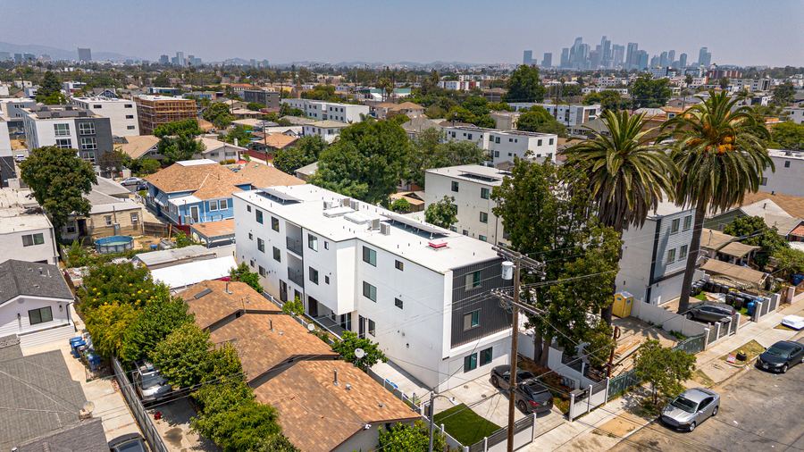 Aerial drone photo of 1597 W 37th St, master leased new construction co-living near USC