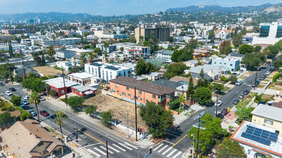 Aerial photo of 1301 N Alexandria Ave, RTI 51-unit workforce housing development site near Hospital Row, Los Angeles