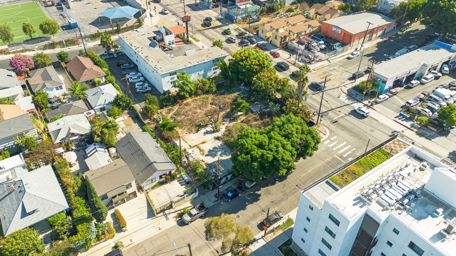 Aerial drone photo of 801 N Alvarado St, RTI 56-unit 100% affordable development corner lot in Echo Park, Los Angeles