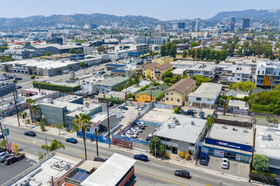 Aerial drone photo of 5725 Melrose Ave, vacant development site in Hancock Park / Larchmont Village