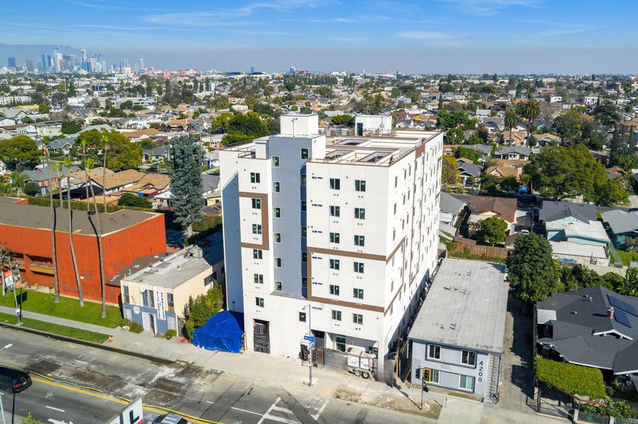 Aerial drone photo of 4186 S Western Ave, 118-unit new construction apartment building in South Los Angeles